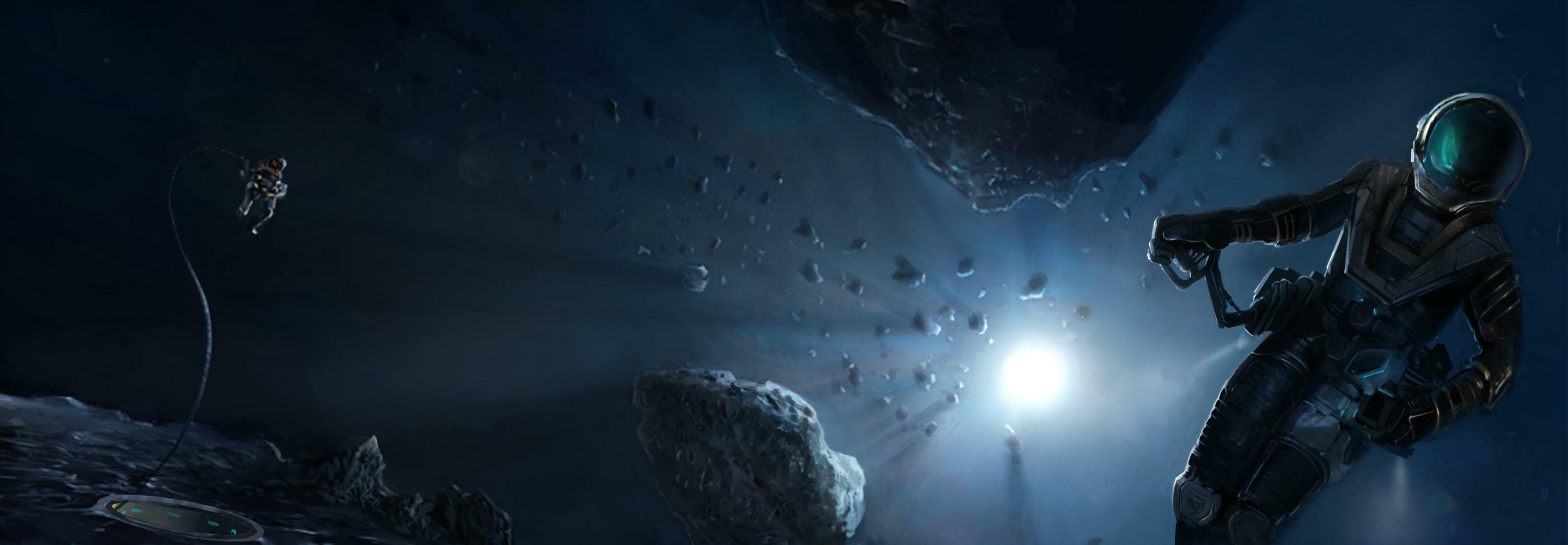 Cosmonautes dans unchamp d'astéroïdes